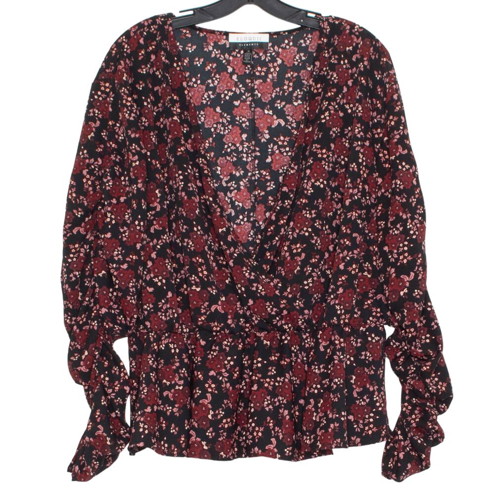 Eloquii Top Dark Floral Black Red Plus Size 20 Boho Peplum Romantic Cottagecore
